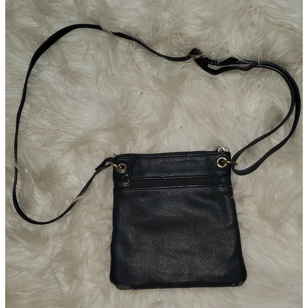 Nicole by Nicole Miller Black Crossbody Bag Multi Zipper Faux Leather Purse